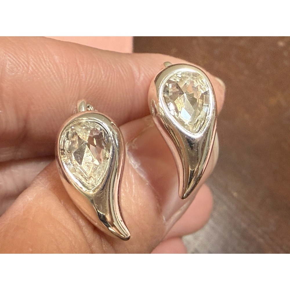 TJG Signed Silver Tone Fluid Wave Teardrop Crystal Rhinestone Clip On Earrings